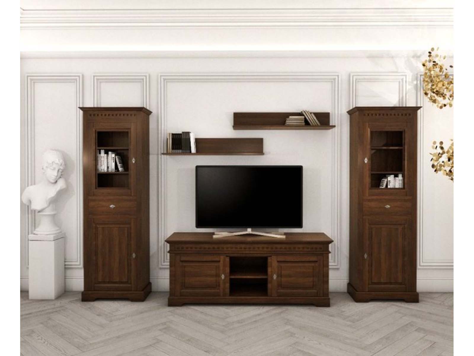 Set mobila living Colombo, lemn masiv tei, 5 piese, maro colonial