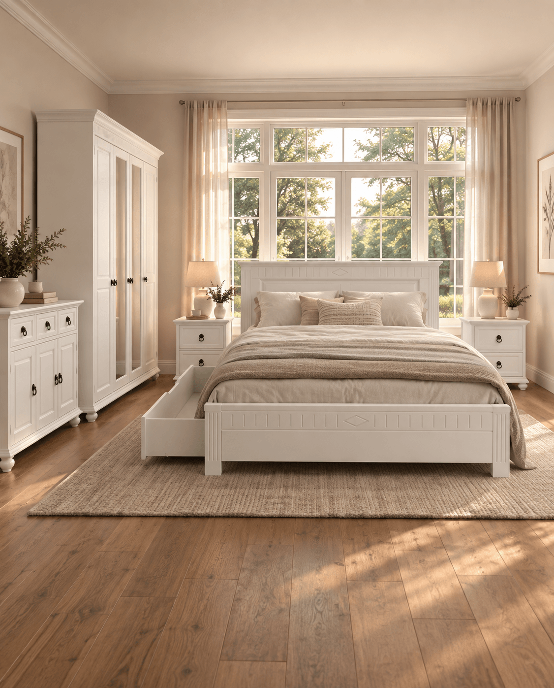 Set dormitor Noblesse - Pat 140 cm, 2 noptiere, o comodă si dulap cu 4 uși, 2 uși cu oglindă.