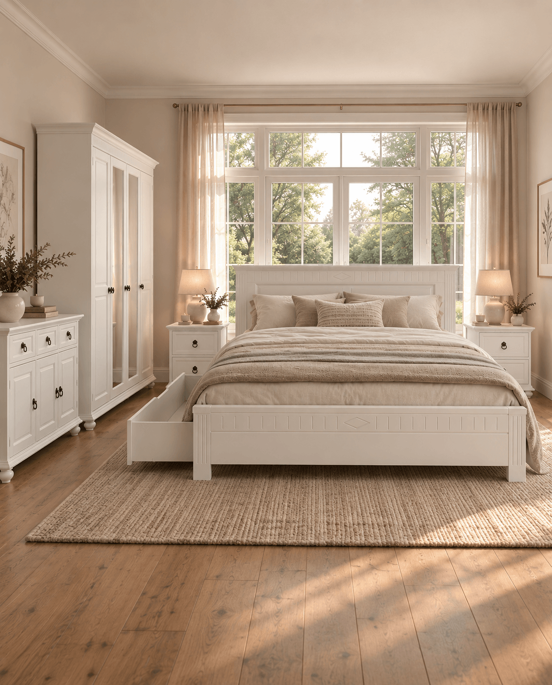 Set dormitor Noblesse - Pat 160 cm, 2 noptiere, o comodă si dulap cu 4 uși, 2 uși cu oglindă.
