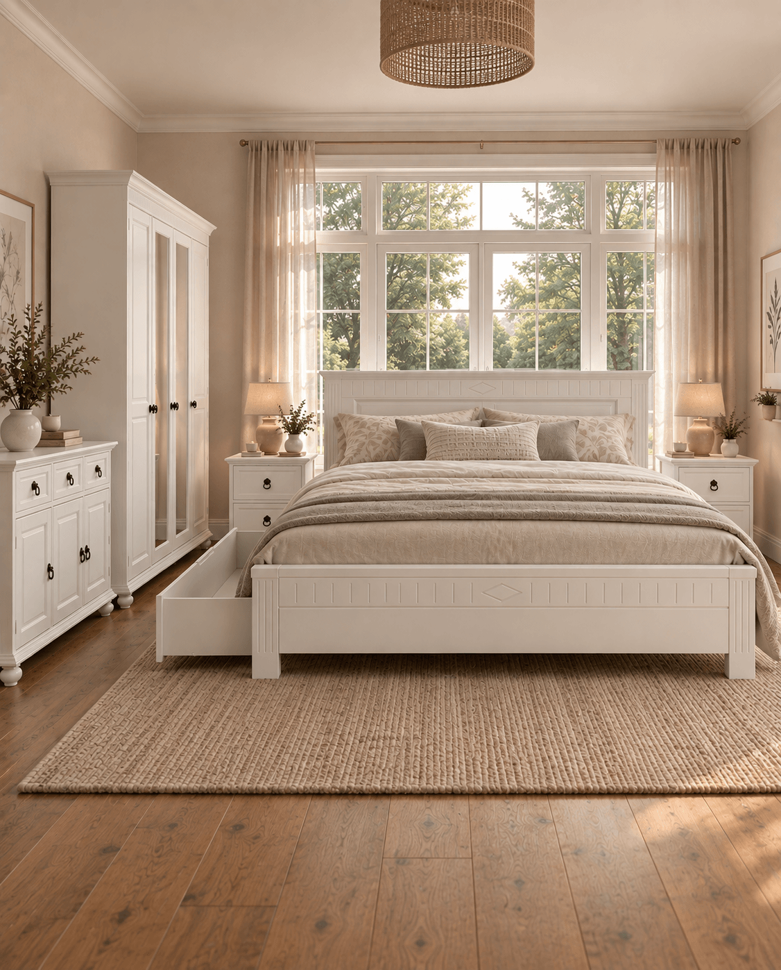 Set dormitor Noblesse - Pat 180 cm, 2 noptiere, o comodă si dulap cu 4 uși, 2 uși cu oglindă.