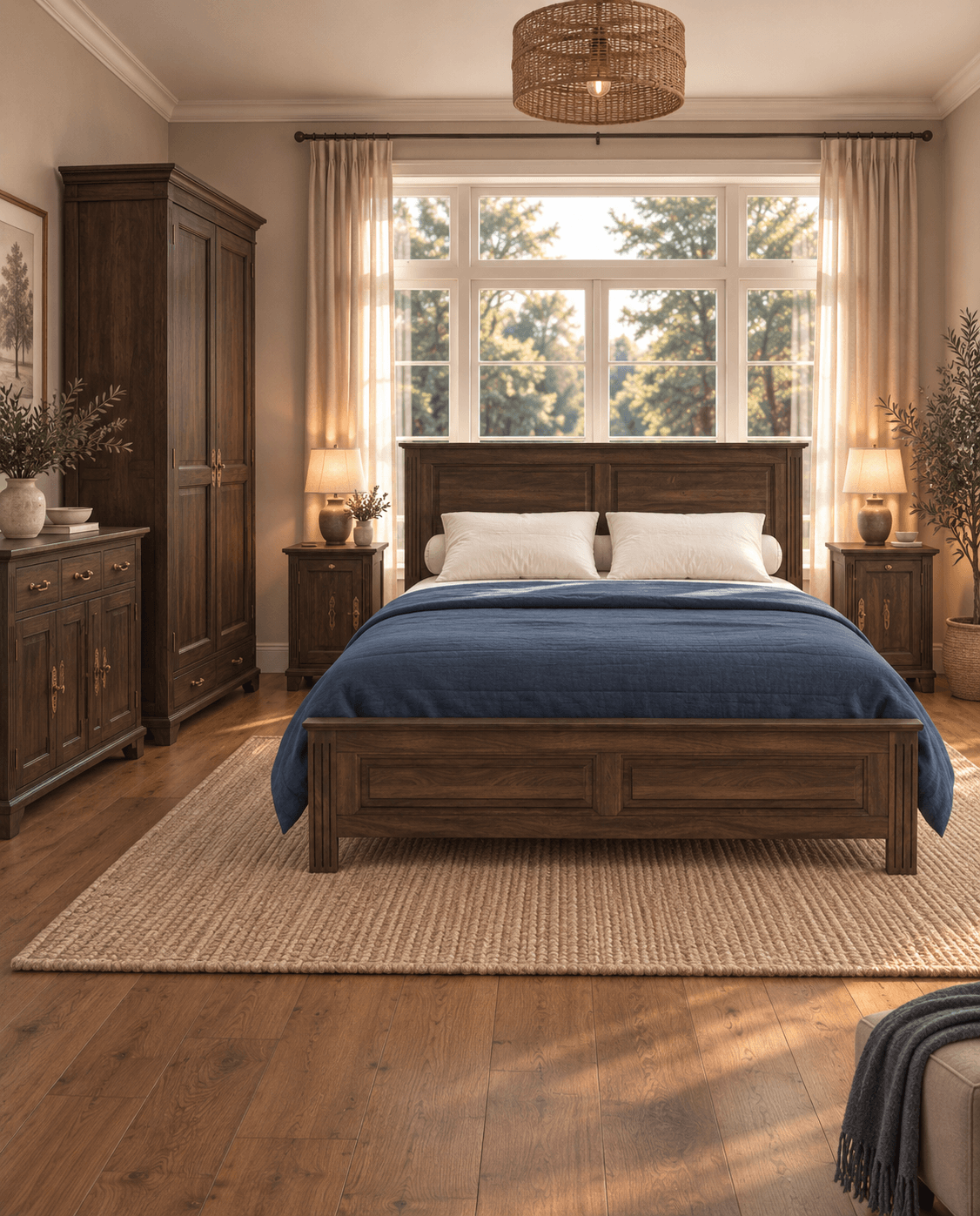 Set dormitor Sophia - Pat 140 cm, 2 noptiere, o comodă si dulap cu 2 uși.