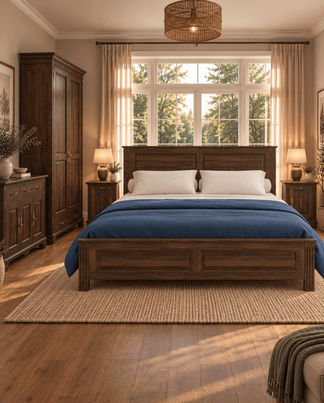 Set dormitor Sophia - Pat 180 cm, 2 noptiere, o comodă si dulap cu 2 uși.