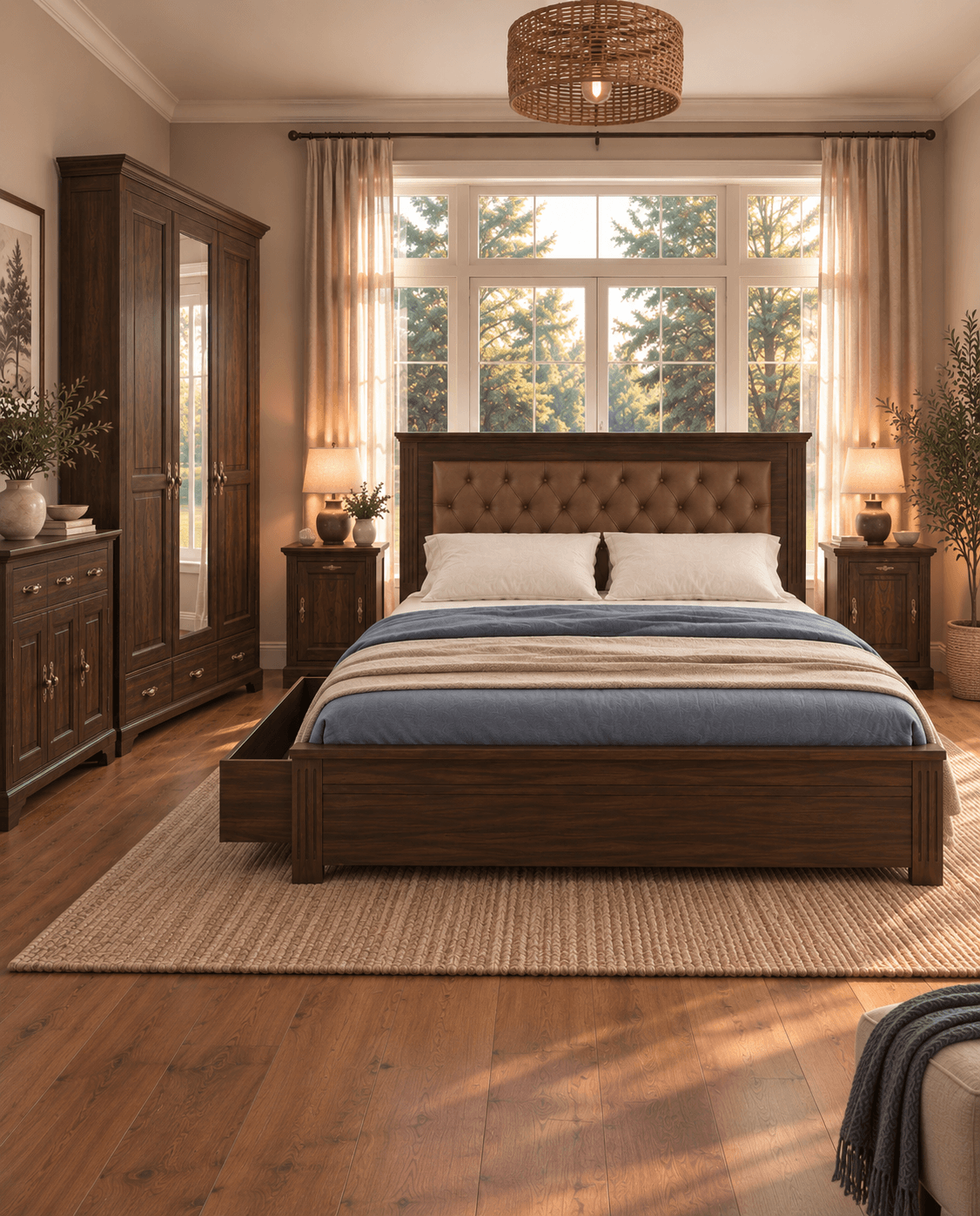 Set dormitor Sophia - Pat 140 cm, 2 noptiere, o comodă si dulap cu 3 uși si olgindă.
