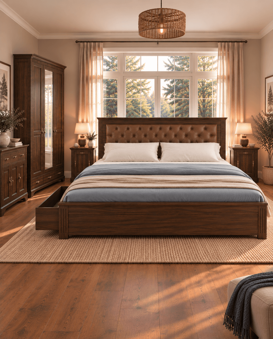 Set dormitor Sophia - Pat 160 cm, 2 noptiere, o comodă si dulap cu 3 uși si olgindă.