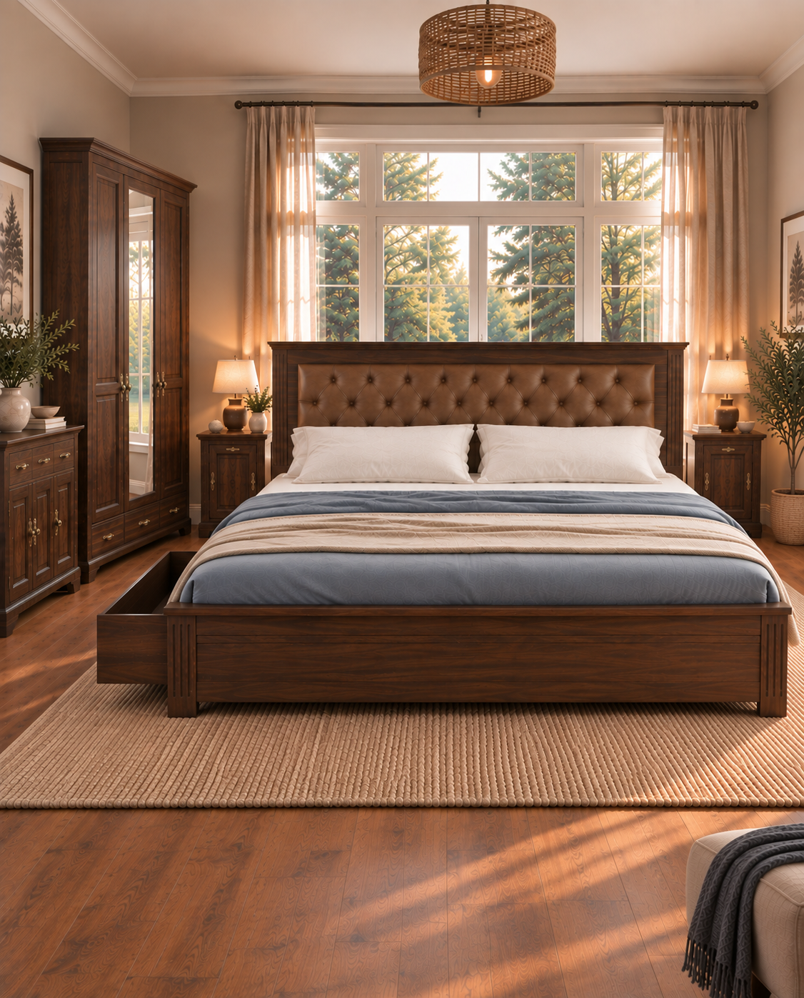 Set dormitor Sophia - Pat 180 cm, 2 noptiere, o comodă si dulap cu 3 uși si olgindă.