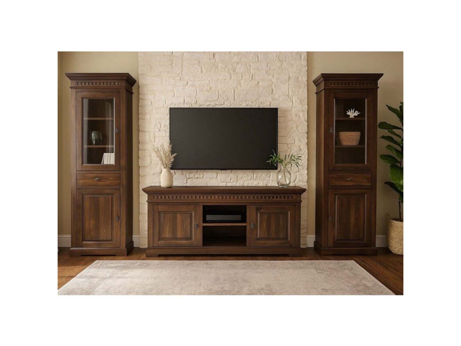 Set mobila living Colombo, lemn masiv tei, 3 piese, maro colonial